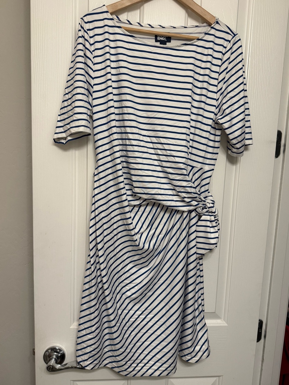 Lands' End White and Navy Striped Midi Dress with Side Knot